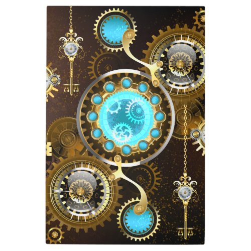 Steampunk Rusty Background with Turquoise Lenses Metal Print