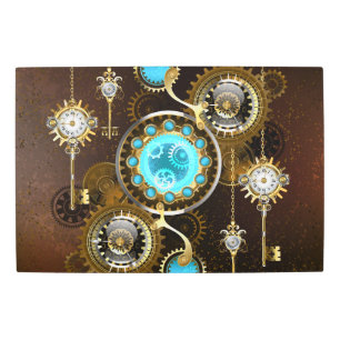 Steampunk Rusty Background with Turquoise Lenses Metal Print