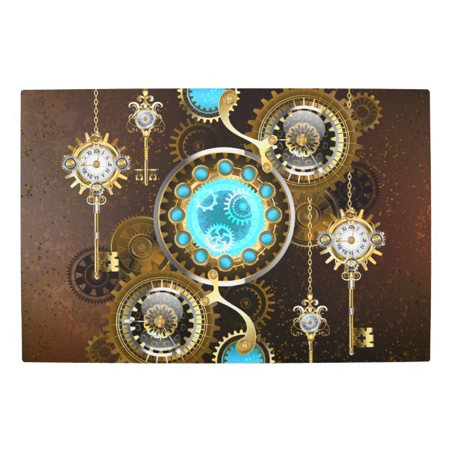 Steampunk Rusty Background with Turquoise Lenses Metal Print (Front)