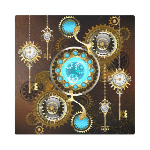 Steampunk Rusty Background with Turquoise Lenses Metal Print