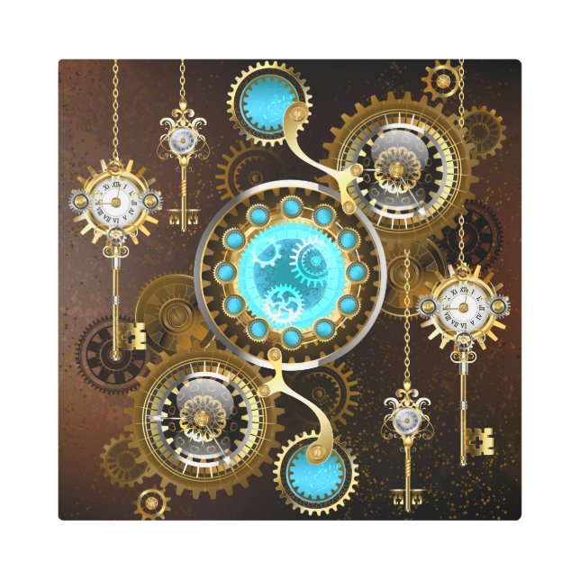Steampunk Rusty Background with Turquoise Lenses Metal Print (Front)