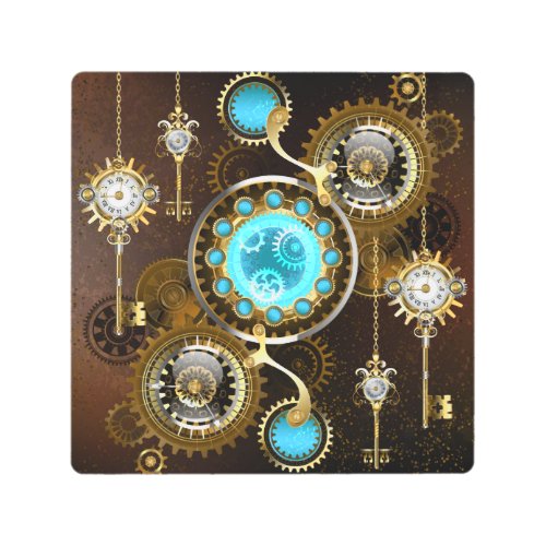 Steampunk Rusty Background with Turquoise Lenses Metal Print