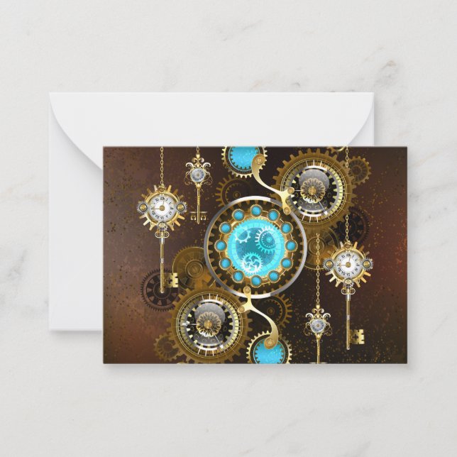Steampunk Rusty Background with Turquoise Lenses Note Card (Front)