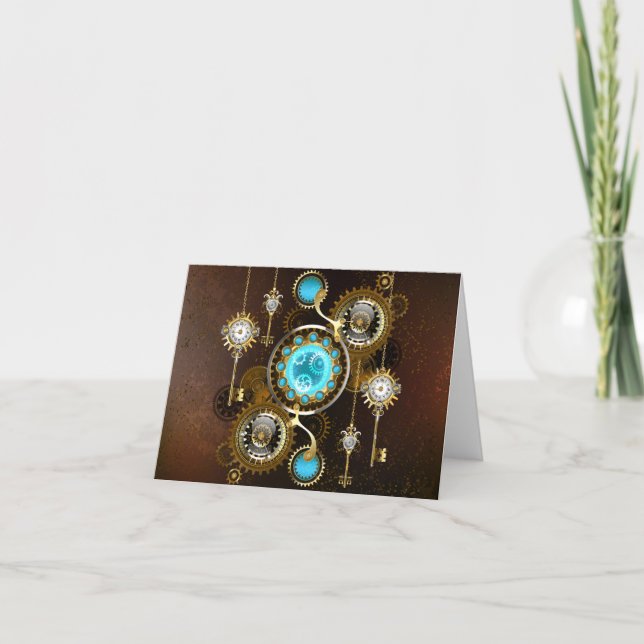 Steampunk Rusty Background with Turquoise Lenses Note Card (Front)