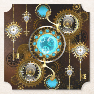 Steampunk Rusty Background with Turquoise Lenses Paper Coaster