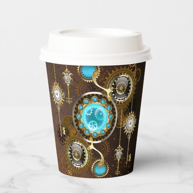 Steampunk Rusty Background with Turquoise Lenses Paper Cups (Front)