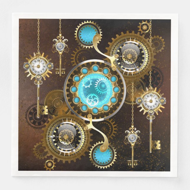 Steampunk Rusty Background with Turquoise Lenses Paper Dinner Napkins (Front)
