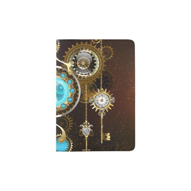 Steampunk Rusty Background with Turquoise Lenses Passport Holder (Front)