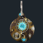 Steampunk Rusty Background with Turquoise Lenses Pet ID Tag<br><div class="desc">Turquoise lenses with an antique watch with brass gears and golden keys on rusty, brown background. Steampunk style.</div>