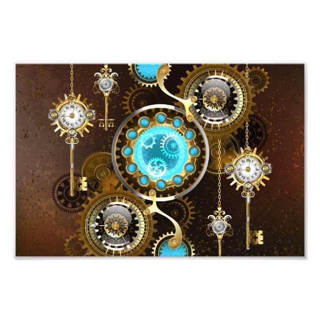 Steampunk Rusty Background with Turquoise Lenses Photo Print (Front)