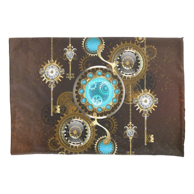 Steampunk Rusty Background with Turquoise Lenses Pillow Case (Front-Left)
