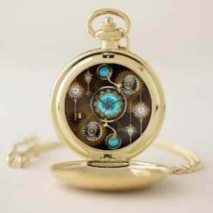 Steampunk Rusty Background with Turquoise Lenses Pocket Watch