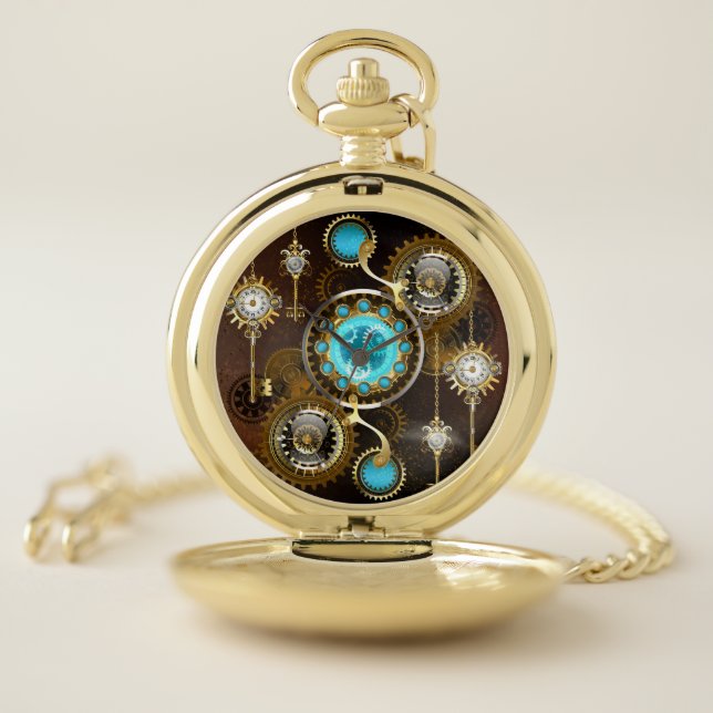 Steampunk Rusty Background with Turquoise Lenses Pocket Watch (Inside)