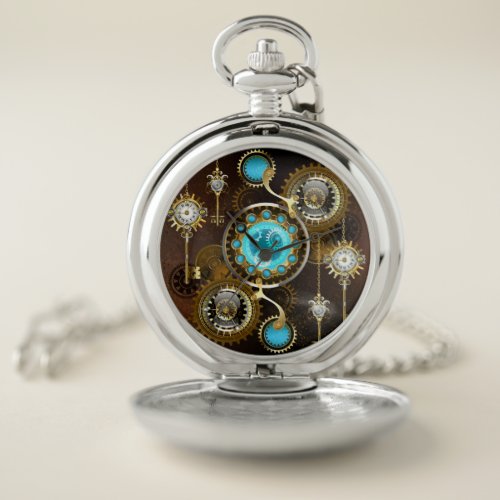 Steampunk Rusty Background with Turquoise Lenses Pocket Watch