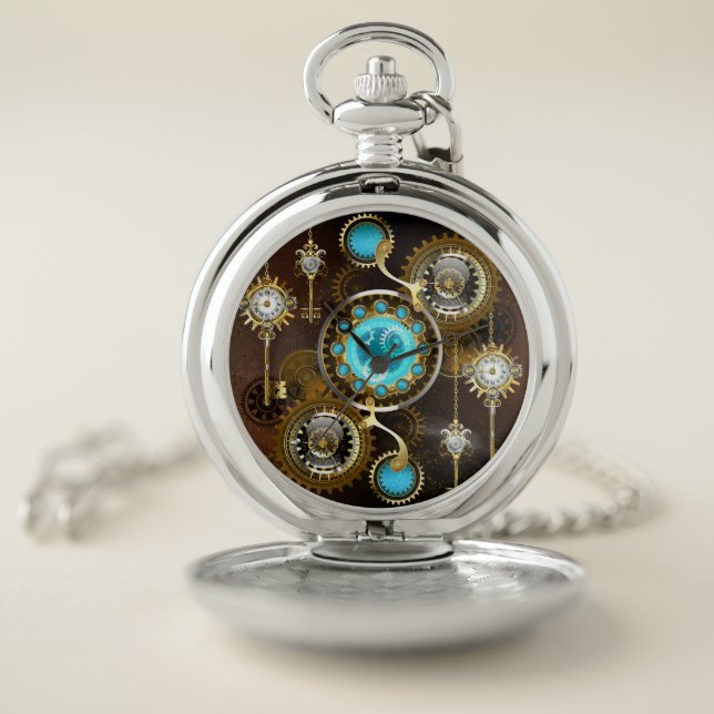 Steampunk Rusty Background with Turquoise Lenses Pocket Watch (Inside)