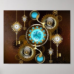 Steampunk Rusty Background with Turquoise Lenses Poster