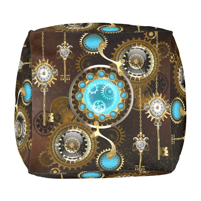 Steampunk Rusty Background with Turquoise Lenses Pouf (Bottom)