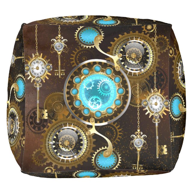 Steampunk Rusty Background with Turquoise Lenses Pouf (Bottom)