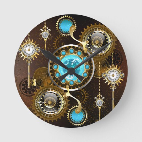 Steampunk Rusty Background with Turquoise Lenses Round Clock
