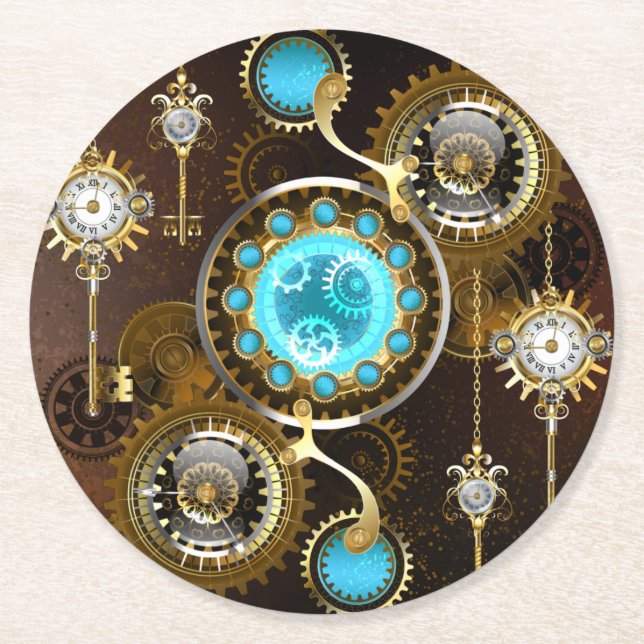 Steampunk Rusty Background with Turquoise Lenses Round Paper Coaster (Front)