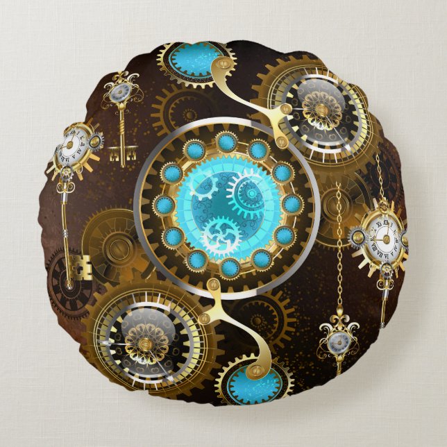 Steampunk Rusty Background with Turquoise Lenses Round Pillow (Front)