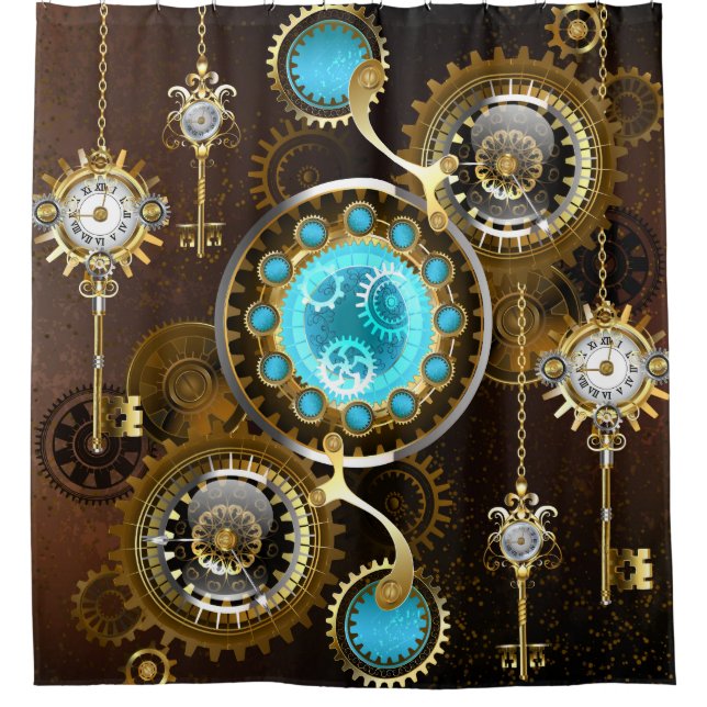 Steampunk Rusty Background with Turquoise Lenses Shower Curtain (Front)