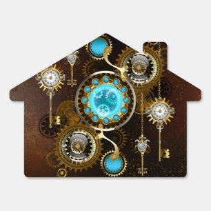 Steampunk Rusty Background with Turquoise Lenses Sign