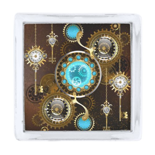 Steampunk Rusty Background with Turquoise Lenses Silver Finish Lapel Pin