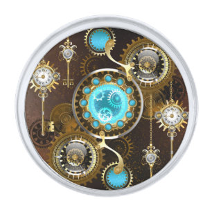 Steampunk Rusty Background with Turquoise Lenses Silver Finish Lapel Pin