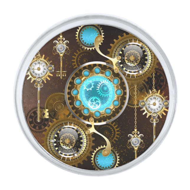 Steampunk Rusty Background with Turquoise Lenses Silver Finish Lapel Pin (Front)