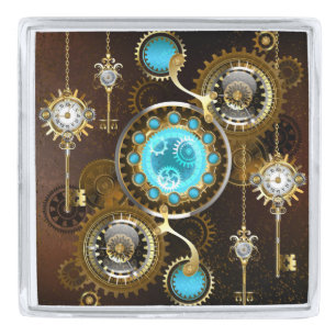 Steampunk Rusty Background with Turquoise Lenses Silver Finish Lapel Pin