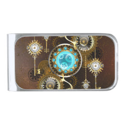 Steampunk Rusty Background with Turquoise Lenses Silver Finish Money Clip