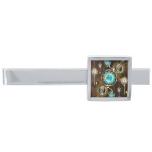 Steampunk Rusty Background with Turquoise Lenses Silver Finish Tie Bar