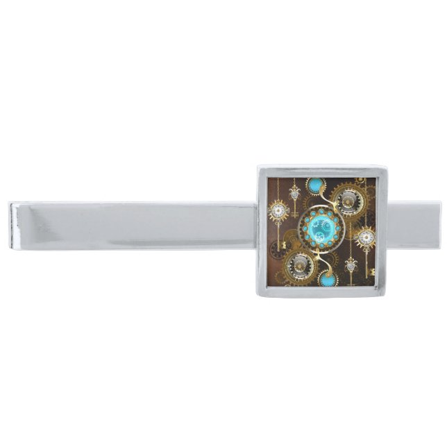 Steampunk Rusty Background with Turquoise Lenses Silver Finish Tie Bar (Front)