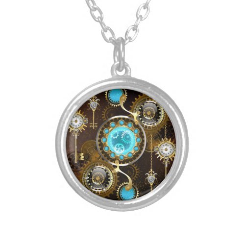 Steampunk Rusty Background with Turquoise Lenses Silver Plated Necklace