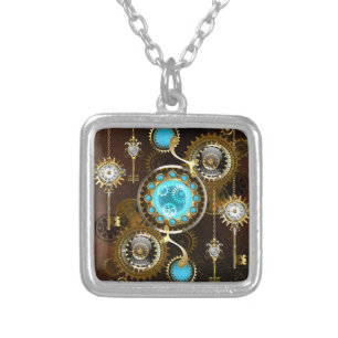 Steampunk Rusty Background with Turquoise Lenses Silver Plated Necklace