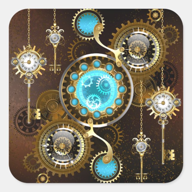 Steampunk Rusty Background with Turquoise Lenses Square Sticker (Front)
