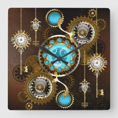 Steampunk Rusty Background with Turquoise Lenses Square Wall Clock