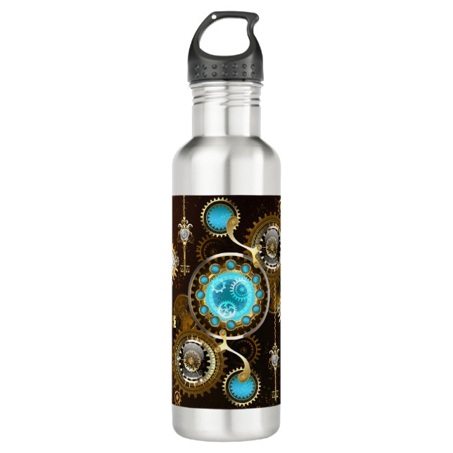 Steampunk Rusty Background with Turquoise Lenses Stainless Steel Water Bottle (Front)