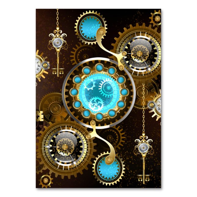 Steampunk Rusty Background with Turquoise Lenses Table Number (Front)