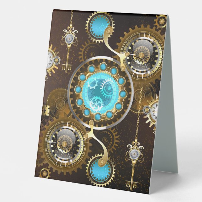 Steampunk Rusty Background with Turquoise Lenses Table Tent (Front)