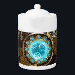 Steampunk Rusty Background with Turquoise Lenses Teapot<br><div class="desc">Turquoise lenses with an antique watch with brass gears and golden keys on rusty,  brown background. Steampunk style.</div>