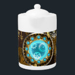 Steampunk Rusty Background with Turquoise Lenses Teapot<br><div class="desc">Turquoise lenses with an antique watch with brass gears and golden keys on rusty,  brown background. Steampunk style.</div>