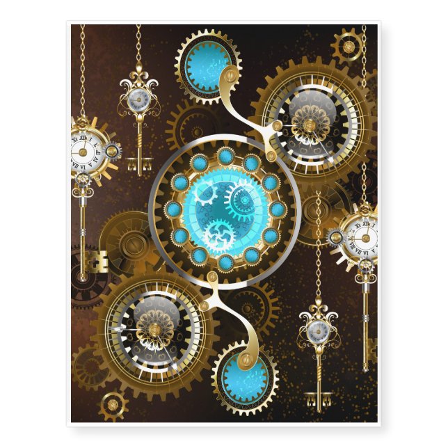 Steampunk Rusty Background with Turquoise Lenses Temporary Tattoos (Front)