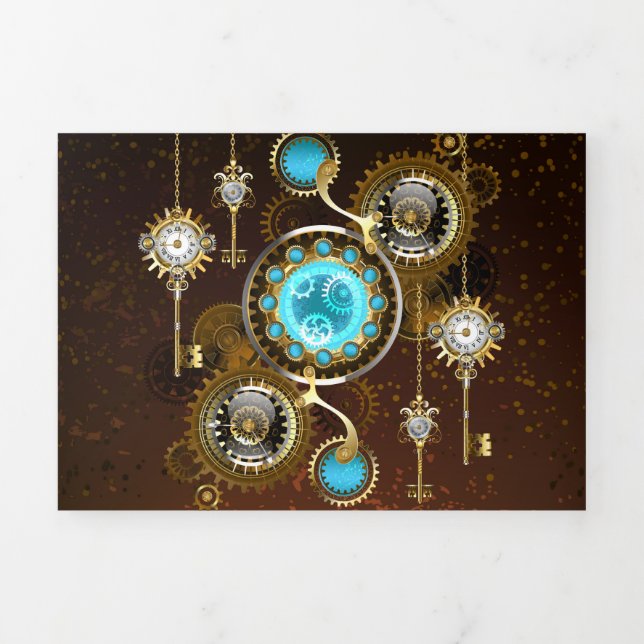Steampunk Rusty Background with Turquoise Lenses Tri-Fold Holiday Card (Cover)