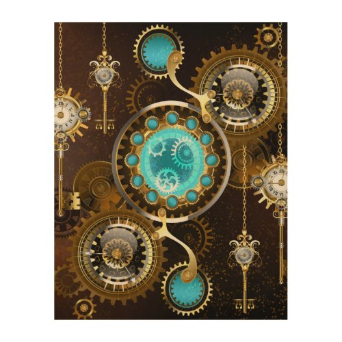 Steampunk Rusty Background with Turquoise Lenses Wood Wall Art