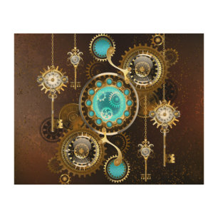 Steampunk Rusty Background with Turquoise Lenses Wood Wall Art