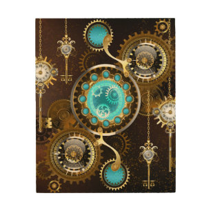 Steampunk Rusty Background with Turquoise Lenses Wood Wall Art