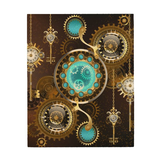 Steampunk Rusty Background with Turquoise Lenses Wood Wall Art (Front)