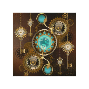 Steampunk Rusty Background with Turquoise Lenses Wood Wall Art